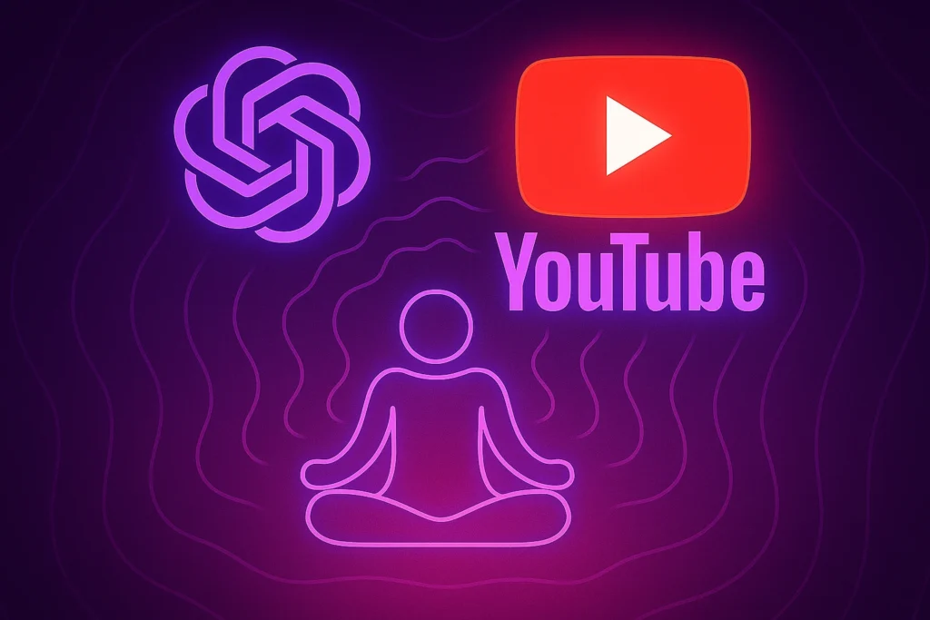 YouTube monetization for meditation channels using AI - person meditating with ChatGPT logo and YouTube branding on purple gradient background