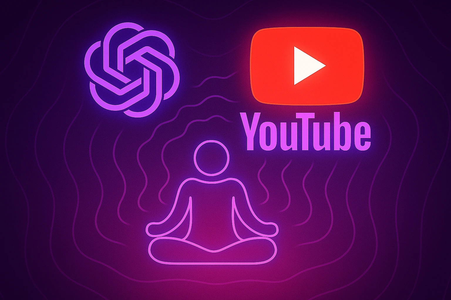 YouTube monetization for meditation channels using AI - person meditating with ChatGPT logo and YouTube branding on purple gradient background