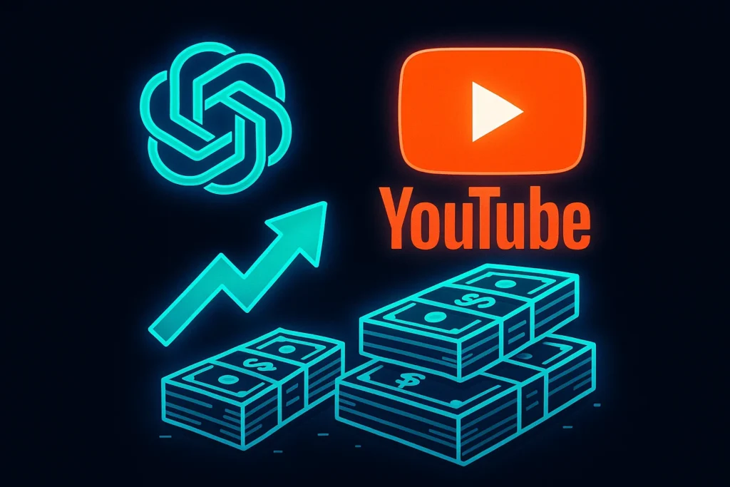 YouTube monetization strategy using ChatGPT AI - stacks of money with upward growth arrow and YouTube logo on dark background