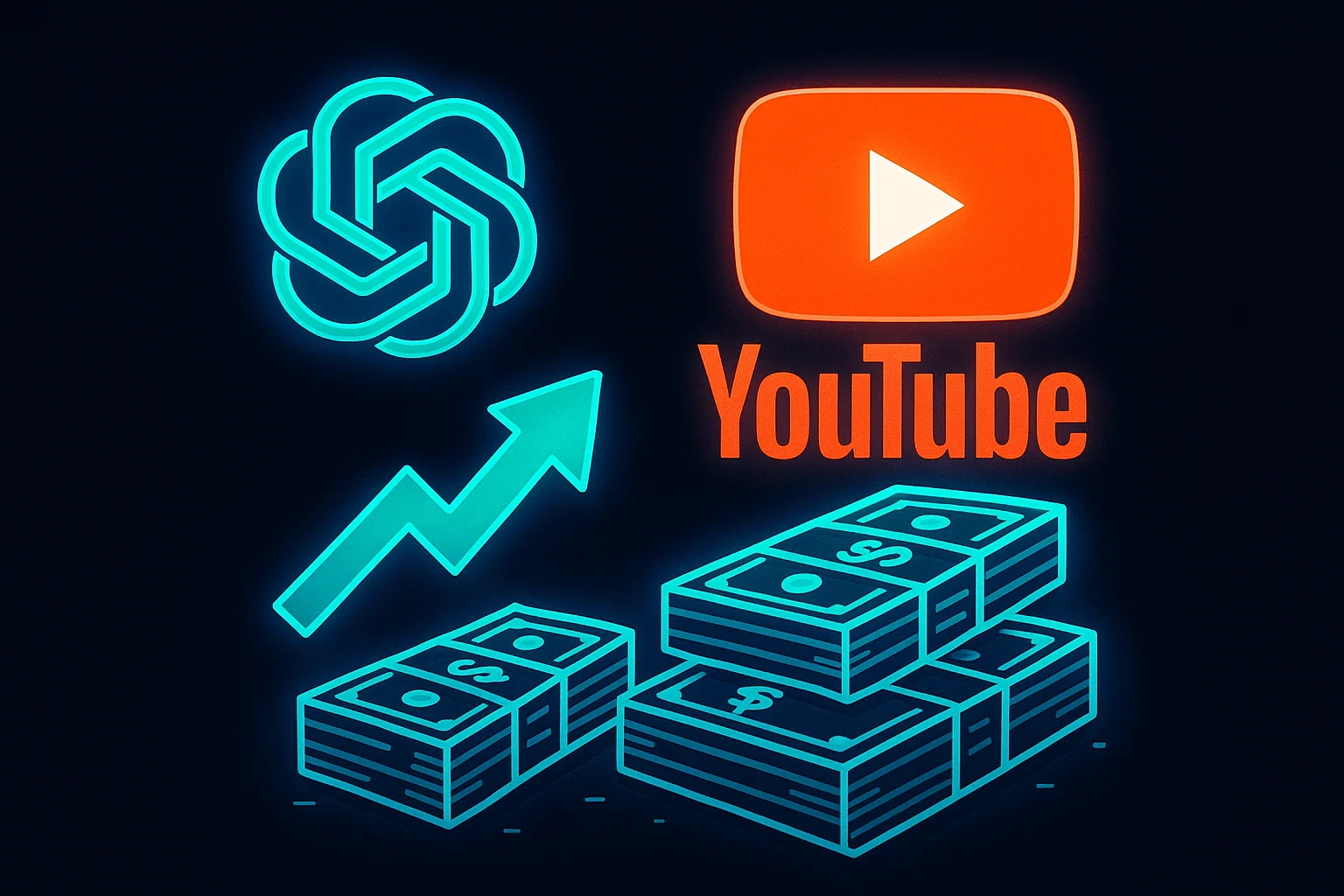 YouTube monetization strategy using ChatGPT AI - stacks of money with upward growth arrow and YouTube logo on dark background